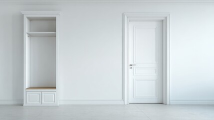Fototapeta premium Minimalist interior design with a white door and a built-in closet in an empty room showcasing elegance and simplicity in modern architecture