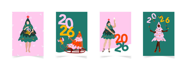 Cartes de voeux 2026 illustr&eacute;es avec des femmes d&eacute;guiser en sympa et tenant une coupe de champagne dans les mains pour c&eacute;l&eacute;brer la nouvelle ann&eacute;e 2026. Cr&eacute;ation vectorielles dans les tons rose et vert