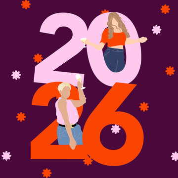 Bonne ann&eacute;e 2026, avec des personnages de femmes dansant et sortant des num&eacute;ros pour c&eacute;l&eacute;brer le nouvel an lors d'un r&eacute;veillon festif. Design vectoriel pour affiches, cartes, banni&egrave;re,...