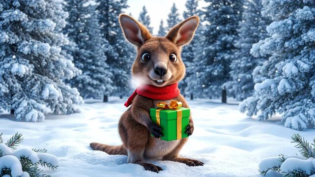 Cute baby kangaroo wearing red scarf holding Christmas gift in snowy forest