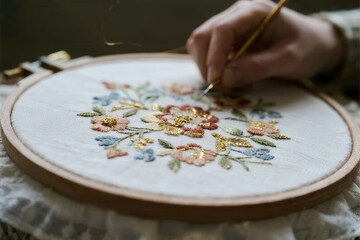 Close-up of hand embroidery with floral pattern on fabric using a hoop and needle