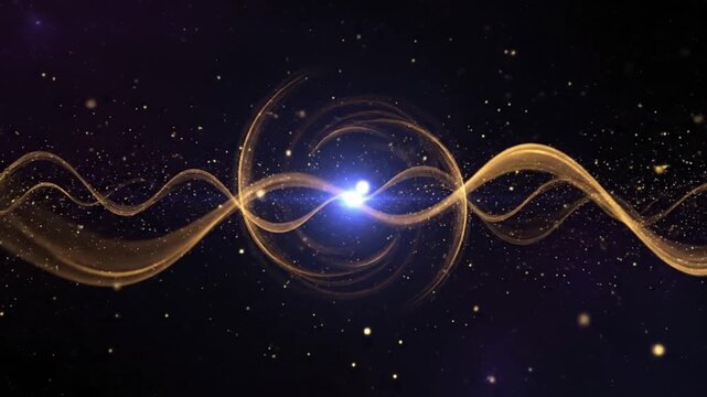 A stylized cosmic background featuring golden flowing ribbons orbiting a luminous blue center scattered star flares and glowing particles forming an energetic celestial composition soft lighting dream