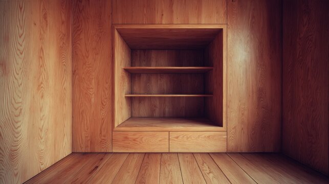 Minimalist wooden interior featuring empty shelf space, warm lighting, natural textures, and smooth wood grain for stylish home design and decor ideas.