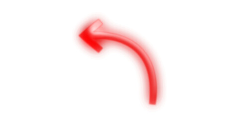 A vibrant red glowing curved arrow pointing towards the upper left on a clean white background, indicating direction or movement.