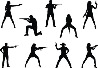 Armed men women silhouettes set, action poses with guns, combat, crime, security, shooting stance, vector illustration isolated white background design © Shahariar's World