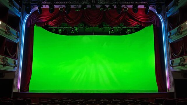 Classic Theater Red Curtains Opening To Wide Green Screen Stage Reveal