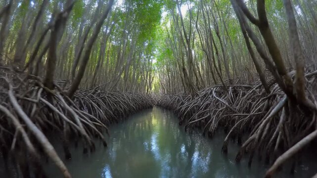 Serene journey through a lush tropical mangrove forest ecosystem with intricate root systems flanking a narrow waterway under a verdant canopy