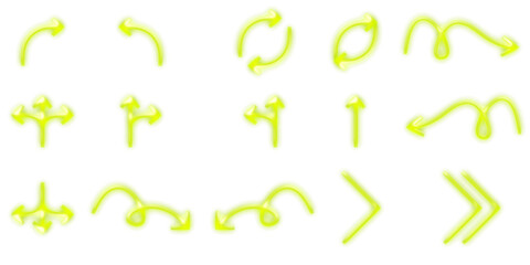 A collection of diverse neon green arrow icons with various styles including curved, wavy, circular, and chevron designs on a white background.