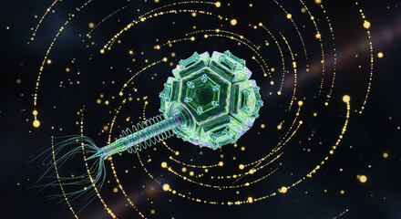 Vibrant green virus particle with tail and hexagonal structure