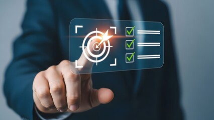 Businessman achieving key performance indicators with digital checklist confirmation