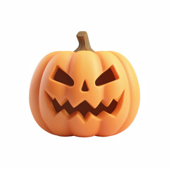 3D cartoon carved Halloween pumpkin jackolantern with scary face and green stem, isolated on transparent background.