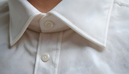 Close-up of crisp white dress shirt with buttoned collar