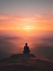 Man Meditating at Sunrise on Mountain Top - Peaceful Scenery