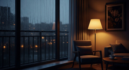 Cozy living room on a rainy evening with warm lamp light