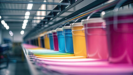 Vibrant paint cans arranged in factory concept. Colorful paint buckets arranged in a factory setting.