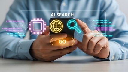 Person using a futuristic artificial intelligence search interface on a smartphone