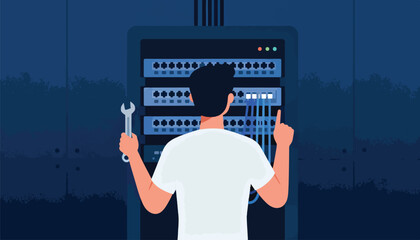 Man with wrench and cable connects network switch