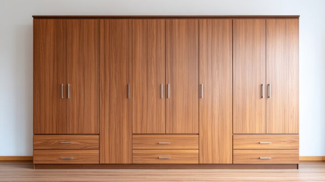 Modern wooden wardrobe with multiple doors and drawers, designed for optimal storage solution in contemporary home interiors or office spaces