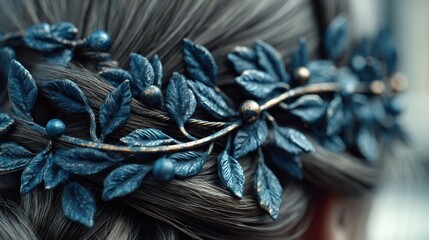 Ornate metallic blue leaf and berry hairpiece on braided hair