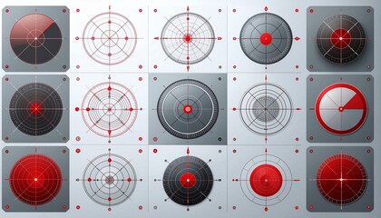 Collection of modern radar and target interface screens in red and gray
