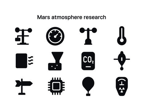 Mars Atmosphere Icons. Mars atmosphere research. Solid icon set