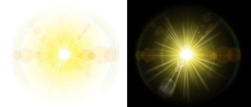 PNG image of&nbsp;Bright yellow sun flare with rainbow lens effect and light rays isolated on black and white background on white background
