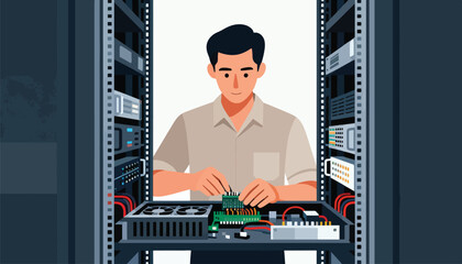 Technician working on server rack equipment