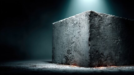 Rough concrete block under dramatic spotlight with glowing dust