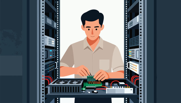 Technician working on server rack equipment - Powered by Adobe