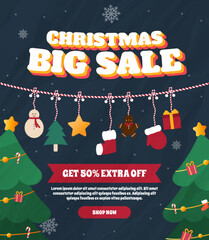 Christmas Big Sale banner with festive decorations, colorful gifts, and 50% extra off. Perfect for holiday promotions and seasonal marketing campaigns