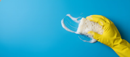 Hand in yellow glove cleaning with sponge and soap on blue background  