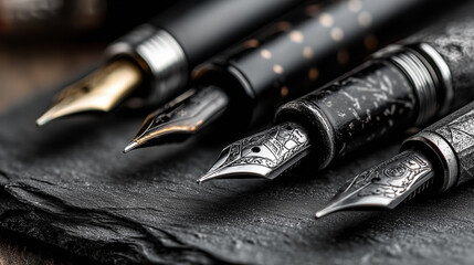 Fountain pen nibs with engraved metal tips on dark textured surface, macro photography, stationery, writing, business, classic style.
