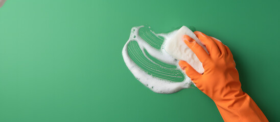 Hand with orange glove cleaning green surface with soap foam  