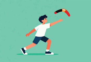 Fototapeta premium A young person in casual clothes throws a colorful boomerang