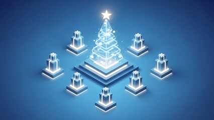 Futuristic christmas tree with glowing gifts in isometric view and blue gradient tones and lights