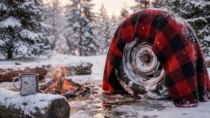 Cozy wheel under blanket by winter fire.