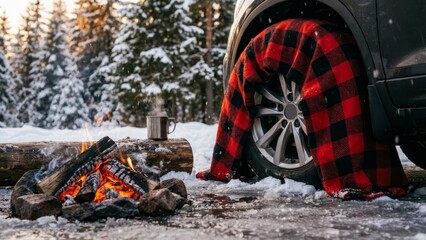 Cozy wheel under blanket by winter fire.