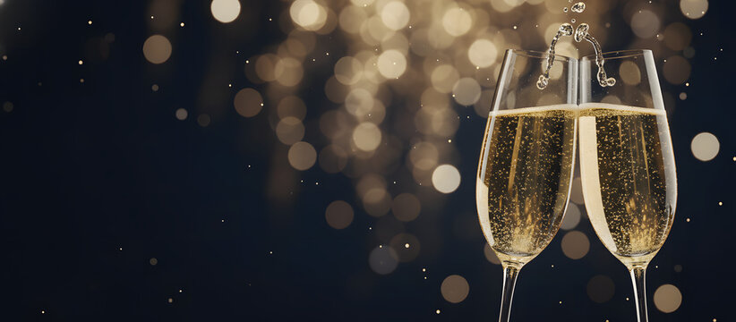 Two champagne glasses clinking together with sparkling background  