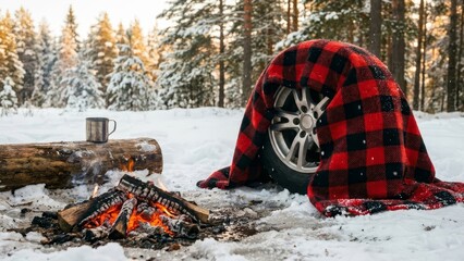 Cozy wheel under blanket by winter fire.
