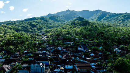 Bright daylight over forested mountain village
