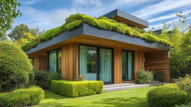 A compact eco friendly home with green rooftop wooden siding and wide windows Clean hedges line the perimeter