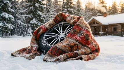 Car wheel wrapped in warm blanket outdoors.