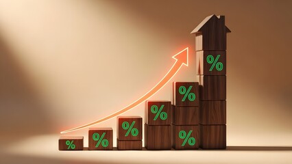 Wooden blocks with glowing percentage symbols showing rising interest rates