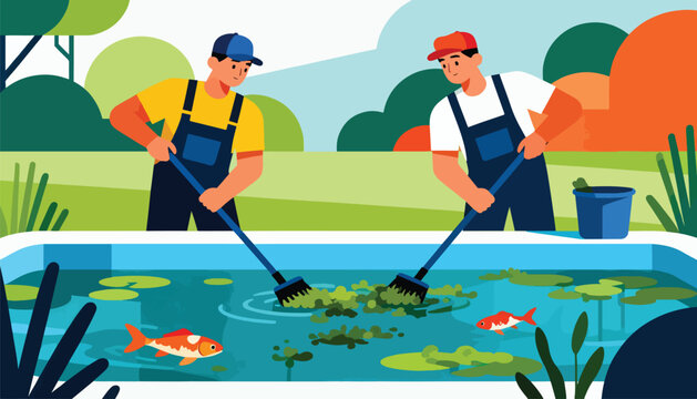 Two men in overalls clean a pond, removing algae with nets as koi swim