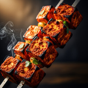 Delicious grilled shish kebabs of seasoned meat and chicken roast over hot bbq coals on a fire grill for a tasty dinner meal