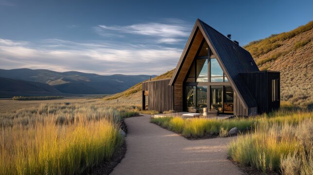 A compact frame cabin surrounded by open meadow tall glass fasade and dark timber cladding Foreground includes clean