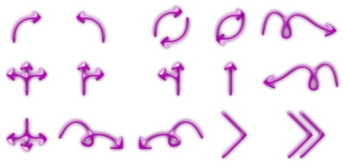 A collection of various purple arrow icons and symbols, including curved, circular, swirly, and directional pointers, set against a white background.