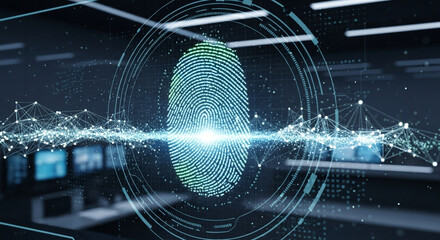 Biometric security concept with glowing fingerprint scan in cyberpunk background