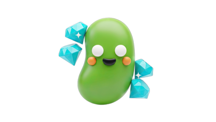 Cute Green Bean Character with Diamonds on White