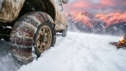 Cozy knitted covers on winter tires.